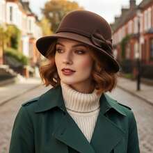 Womens Cloche Hats Stylish Solid Color Decorative Bow Bucket Hat Round Top Short Brim Church Cap - 咖啡色 - 查看 4