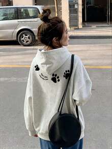 女士休闲宽松圆领卫衣，字母和小狗爪印图案，秋冬季舒适保暖 - 淺灰色 - 查看 3