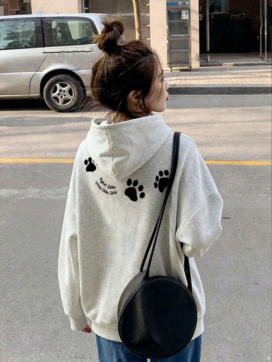 Women's Casual Loose Fit Round Neck Sweatshirt With Letter & Puppy Paw Print, Cozy For Autumn/Winter - Light Grey - View 1
