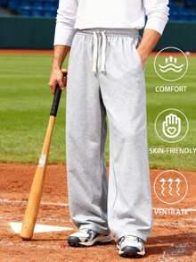 Men's Casual Pants/Sweatpants, Super Comfortable Loose Fit, Suitable For Daily Casual Wear, Easily Paired With Various Outfits. Elastic Drawstring Waistband, Fits Various Waist Sizes. Ideal Gift For Husband/Boyfriend In Autumn/Winter Season. - Light Grey - View 7