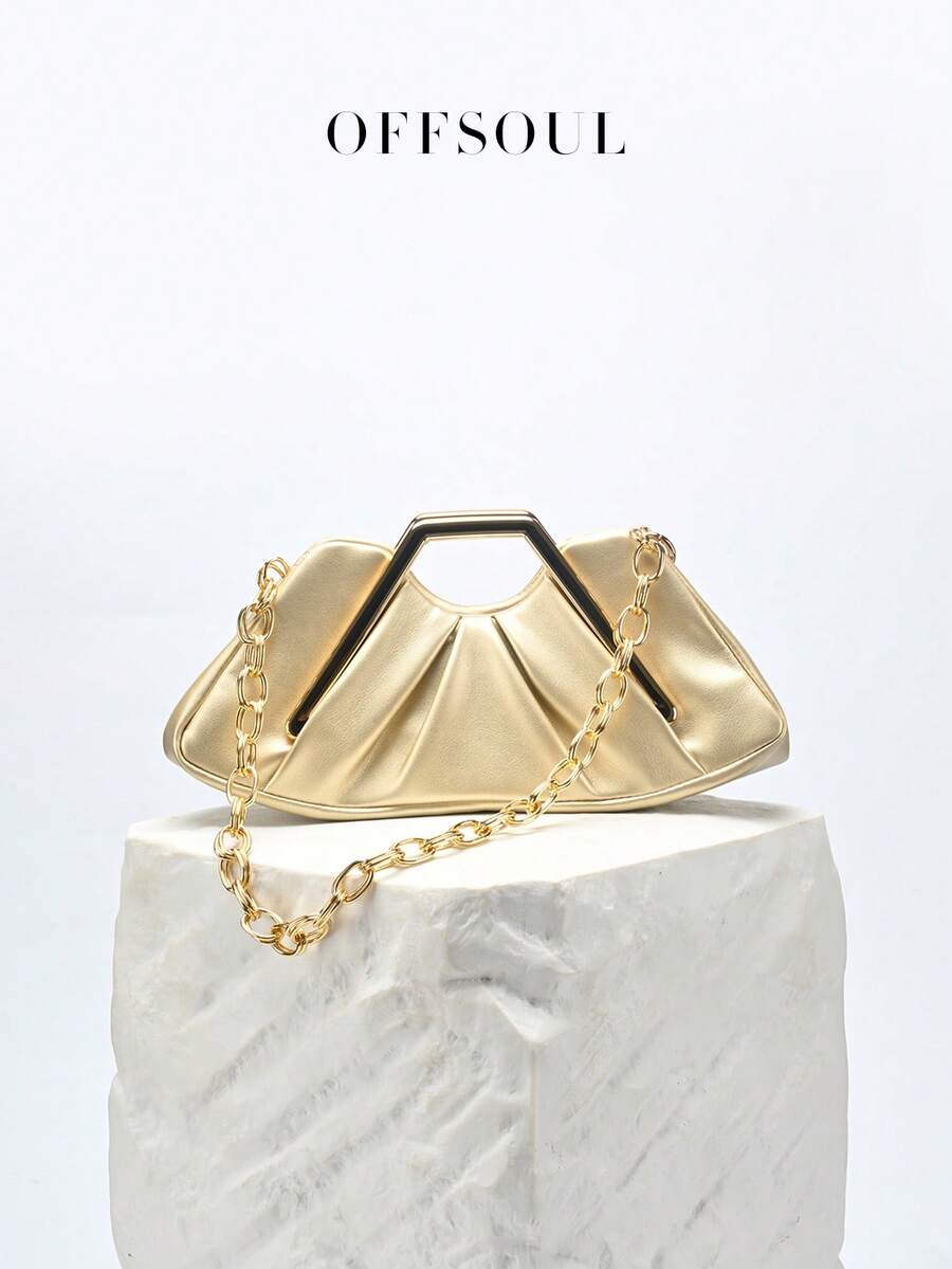 Vintage Asymmetrical Ruffle Cloud Clutch Bag, Unique Metal Hardware Handbag, High-End Retro Party Evening Bag - Gold - View 1
