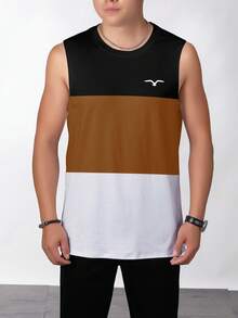 男士夏季印花圆领休闲无袖背心 - 卡其色 - 查看 2