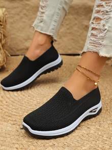 Women's Slip-On Moccasin-Style Elderly Shoes - Soft PVC Arch & Non-Slip Sole, All-Season Comfort, Multi-Color Options - Slip-Resistant Elderly Shoes For Women, Office, Work, Casual & Semi-Formal Wear - Easy-Clean Durable Fabric Upper, Lace-Up-Free Design, Suitable For -Friendly Use, Multi-Color Options Available (Multi-Color), Designer Shoes For Women, Wide Fit Women's Shoes, Footwear For Women, Slip On Sneakers For Women - Black - View 2