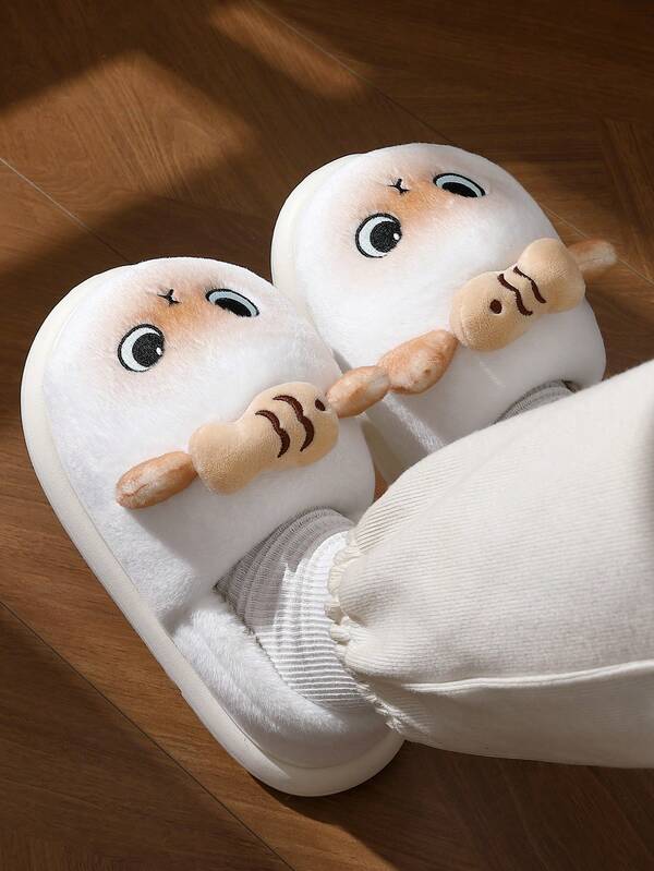 نعال منزلية سميكة الأسفل بشكل سمكة بيضاء كرتونية مضحكة للنساء، نعال داخلية/خارجية فرو ناعمة، نعال شتوية جميلة