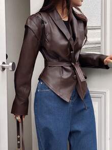 Seelio 秋冬新款女士时尚系带翻领皮夹克 - 棕色 - 查看 5