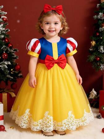 Baby Girls Yellow Puff Sleeve Mesh Princess Dress With Headband, Suitable For Role Play Party