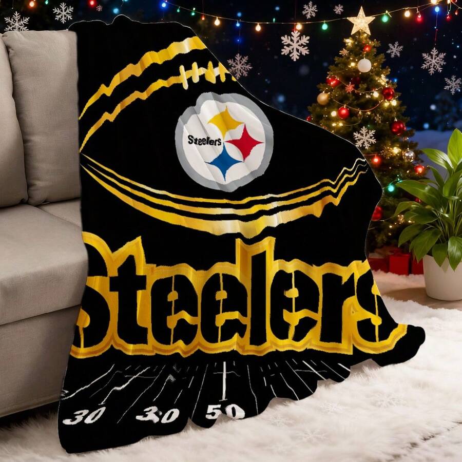 1pc Flannel Throw Blanket - Soft Steelers Football Field Logo Design Warm & Versatile For Naps, Camping, Travel & Home Decor Christmas Gifts For Family Or Friends 280gsm - 彩色 - 查看 1