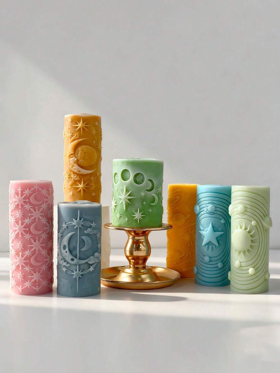 Sun And Moon Relief Cylindrical Candle Making Mold - Featuring Retro Moon And Star Design, Reusable Silicone For Artistic Candles, DIY Home Decoration, Spiritual Gifts, Wax And Resin Crafts With Heat Resistance - 白色 - 查看 1
