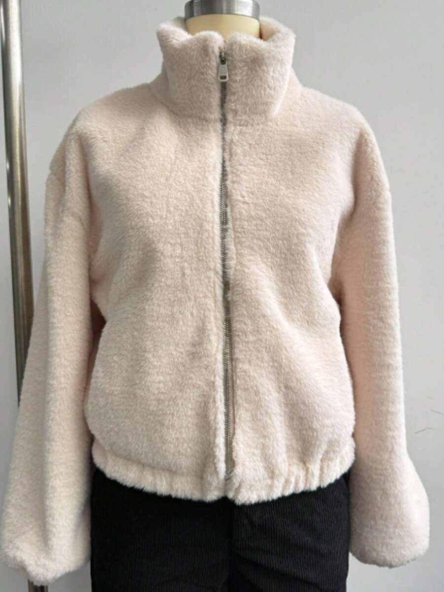KM 女士秋冬服装,米色毛绒人造毛皮外套 - 街头风外套,圣诞节,上衣 - 白色 - 查看 1