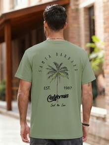 2025 新款夏季男士休闲椰子树和字母图案圆领短袖T恤，节日装 - 綠色 - 查看 3