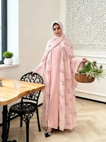 两件套优雅休闲雪纺花卉喇叭袖长袍开衫，适合度假、休闲、派对等场合。 - 粉色 - 查看 6