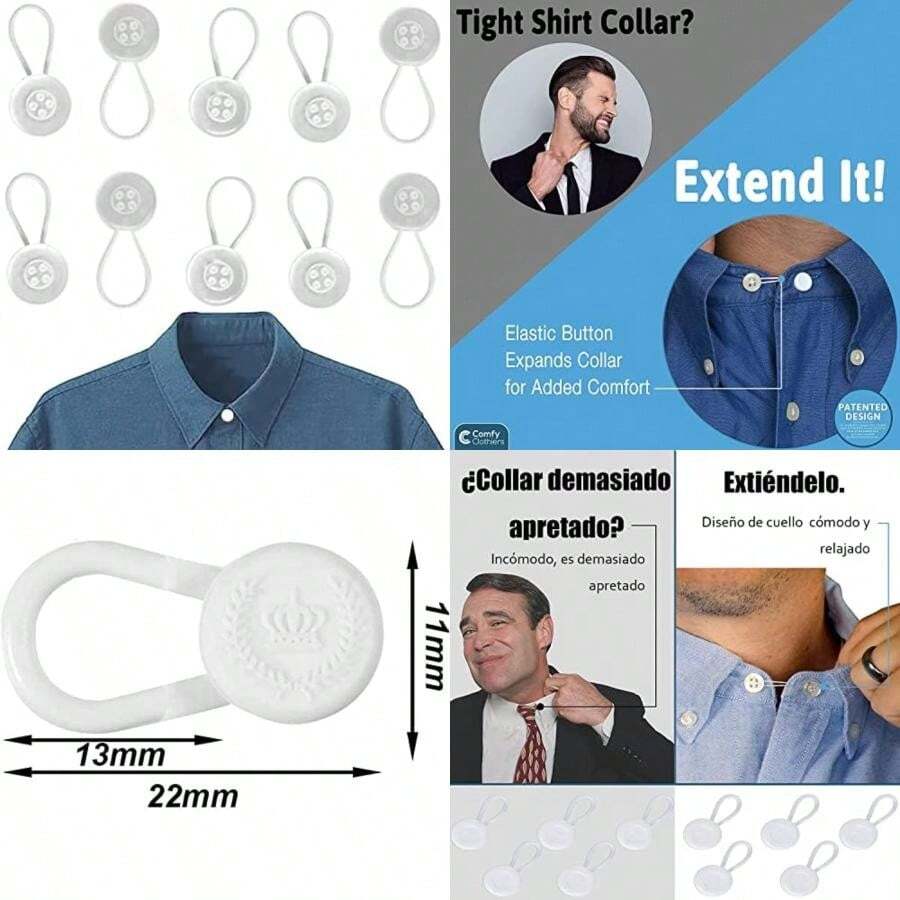 Elásticos prémium para camisa de vestido, extensores de cuello, extensor de cuello invisible cómodo y premium, agrega 2,5 cm instante, extensores de botones para camisas de vestir de hombre(Plata 10 Piezas) - Multicolor - Ver 1