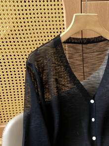 Women's V-Neck Knitted Button Up Cardigan, Loose Casual Summer Short Top, Minimalist & Versatile - Black - View 2