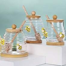 1pc 10/14/17oz Glass Honey Jar With Bee Pattern, Glass Cup With 1 Wooden Stick, 1 Wooden Lid, 1 Wooden Bottom, Transparent Honey Storage Container, Bee Decor, Suitable For Syrup Storage, Home, Wedding, Party, Kitchen - Multicolor - View 6
