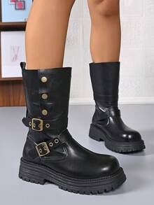 Women's Winter Thick Sole Comfortable Soft Bottom Fashion Slip-On Buckle Versatile Warm Dress Boots, Waterproof And Cold-Resistant - Black - View 5