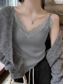 女士蕾丝吊带背心，V领蕾丝拼接针织上衣，适合返校季休闲夏季穿着 - 灰色 - 查看 7