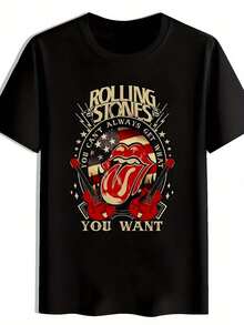 Men'S Vintage Rock Band Graphic T-Shirt - "Rolling Stoned" Design With Guitar & Flag, Casual Polyester Round Neck Tee, Perfect For Summer Outings, Beach, And Music-Themed Parties, Summer Party Wear| Retro Rock Band Tee| Bold Graphic Prin - 黑色 - 查看 6