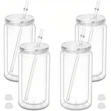 Paquete de 8 tumblers tipo globo de nieve de pared doble de 16 onzas, tazas de frascos de albañil con glitter DIY con tapa, pajita y tapón de silicona - Lavar a mano, libres de BPA y PVC, botellas de agua de plástico ligero para Halloween y Acción de Gracias - Multicolor - Ver 14