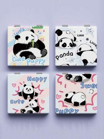 可爱熊猫手绘折叠便携化妆镜，可爱迷你双面手持图案化妆镜，学生适用