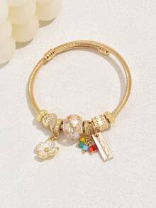 1 pieza Pulsera ajustable con lindo colgante floral, adecuado para uso diario (posición de los rhinestones al azar) - Dorado - Ver 4