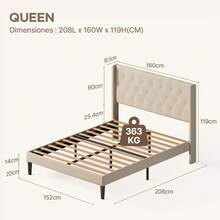 Double Bed Base, Full Size And Queen Size Headboard Base, Footboard With Tufted Wings, Wooden Slat Support, No Box Spring Needed, Gray - 杏色 - 查看 4