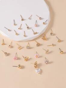 30pcs/Set Women's Fashion Earrings Set, Rhinestone, Metal, Faux Pearl, Cute Flower, Bow, Heart Shaped, Casual, Daily Wear, Simple Jewelry Gift - Multicolor - View 2