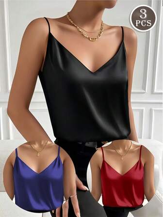 3件纯色吊带背心，舒适透气丝滑面料，适合日常叠穿