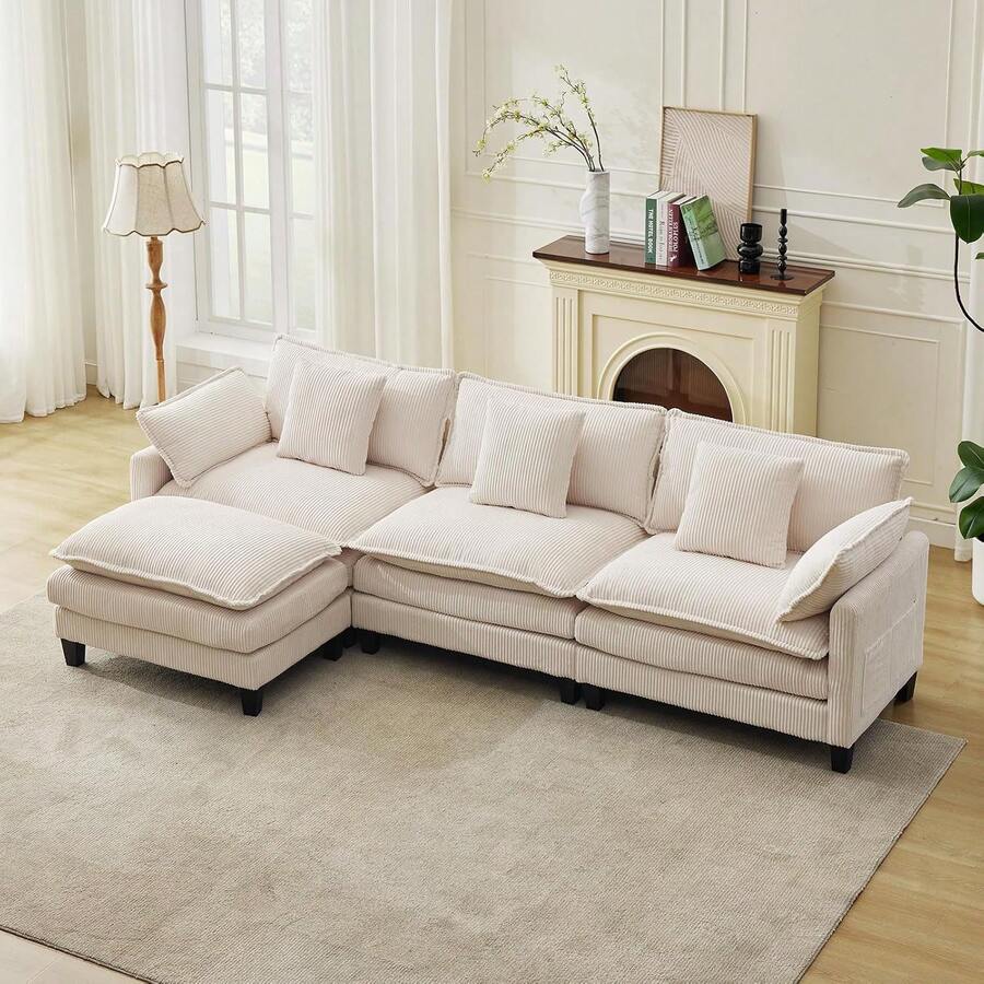 3-Seater Modular Sectional Sofa With 2 Ottomans, Corduroy Deep Seat Couch, Double Layer Cushion, Plush Backrest & Armrest Pillow, Cozy Cloud Couch For Living Room Apartment  146.5" L Modular Sectional Sofa With Ottoman, Corduroy Cloud Couch U-Shaped, Deep Seat Comfy Couch For Living Room, Movable Ottoman & Pillows  112 In U Modular Sectional Sofa, Corduroy Cloud Couch With Movable Ottoman & Throw Pillows, Modern L/U-Shaped Sofa, Comfy Deep Seat Couch For Living Rooms, Offices, Bedroom And Apartment - Màu be - 112" - Hình chữ L 3 chỗ ngồi - Xem 1