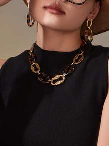 1 Set de joyería vintage con estampado de leopardo, que incluye pulsera de acero inoxidable con nariz de cerdo de resina, aretes y collar, un diseño único - Dorado - Ver 6