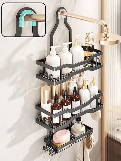 1pc Heavy-Duty 3-Tier Over The Door Shower Caddy - Black Iron Bathroom Storage Rack With Adhesive Hooks, Space-Saving Vertical Hanging Shelves (No Drilling) For Shower, Bathtub, Door - Holds Shampoo, Toiletries, Towels, Shower Caddies