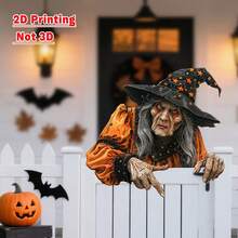 Decoraciones de Halloween con brujas espiando cercas, letreros artísticos de jardín, decoraciones 2D para exteriores - Negro - Ver 5