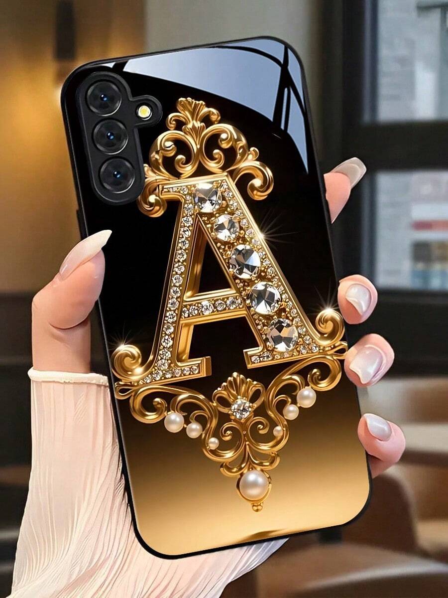 Diamond-Encrusted Letter "A" Badge Tempered Glass Phone Case Suitable For Compatible With IPhone 17,16, 15, 14, 13, 12, 11, PRO MAX,PLUS,Air,As Well As Galaxy S25/24/23/22/21 Ultra/FE/+,A71/56/55/54/53/52/36/35/34/32/26/25/24/23/16/15/14,New Style Of Fashion Creative Design - Nhiều màu - Xem 1