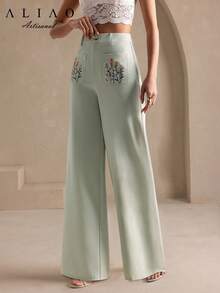Aliao thêu tinh xảo với họa tiết hoa thời Phục Hưng Fairycore, quần ống đứng màu xanh bạc hà có hai túi, quần cạp cao Bohemia, trang phục Nashville & Concert & Ibiza, trang phục lễ hội Rave, trang phục nghỉ dưỡng cho nữ, trang phục Rave, Eid AI-Adha, Eid Adha Mubarak - Màu xanh Bạc hà - Xem 5