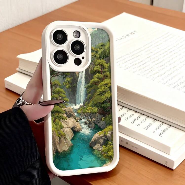 Cubierta de teléfono con borde negro diseño de cascada y bosque verde para uso diario y trabajo en oficina - Café integral - Añade 4