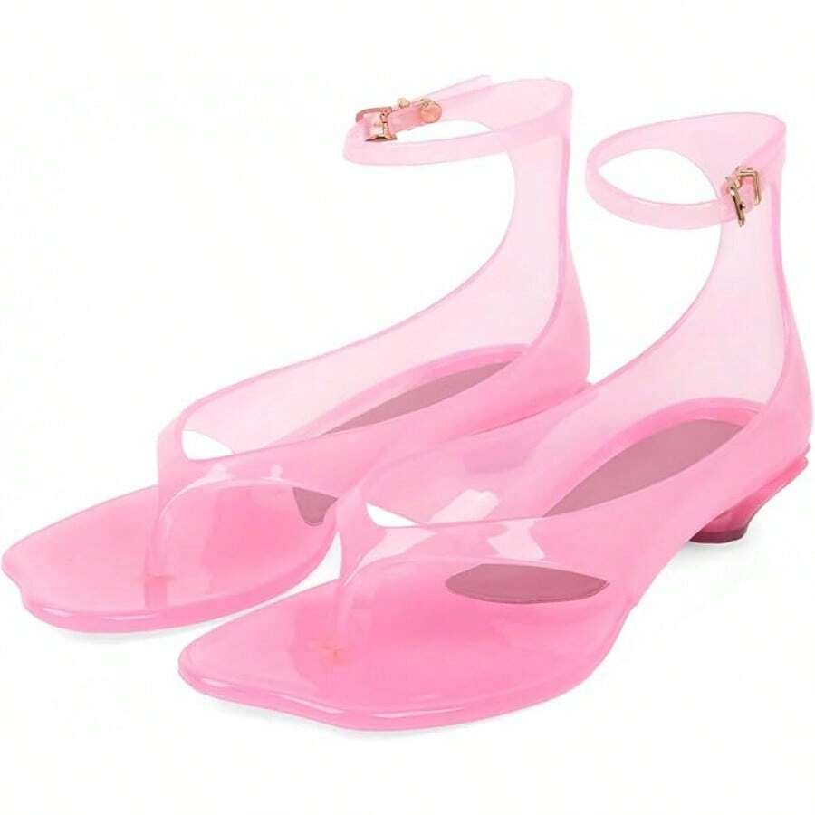 Agodor Jelly Thong Heeled Sandals For Women,Clear Flip Flop Low Kitten Heels For Women Square Open Toe Strappy Summer Casual Beach Adjustable Buckle Dress SandalsChristmas - Hồng - Xem 1