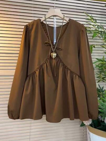 Plus Size Women Casual V-Neck Long Sleeve Shirt, Summer Daily Fashion Vacation Blouse