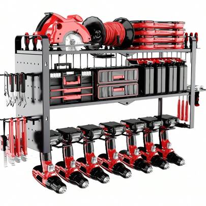 Power Tool Organizer Wall Mount With Pegboard - Drill Holder - Garage Organization Storage Rack For Cordless Tool - Metal Tool Shelf