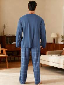 Bộ 2 áo nỉ chui đầu dáng rộng tối giản cỡ lớn dành cho nam có túi và quần dài kẻ caro, thích hợp cho mùa xuân, thu, đông, làm quà tặng ngày lễ tình nhân - Màu xanh hải quân - Xem 2