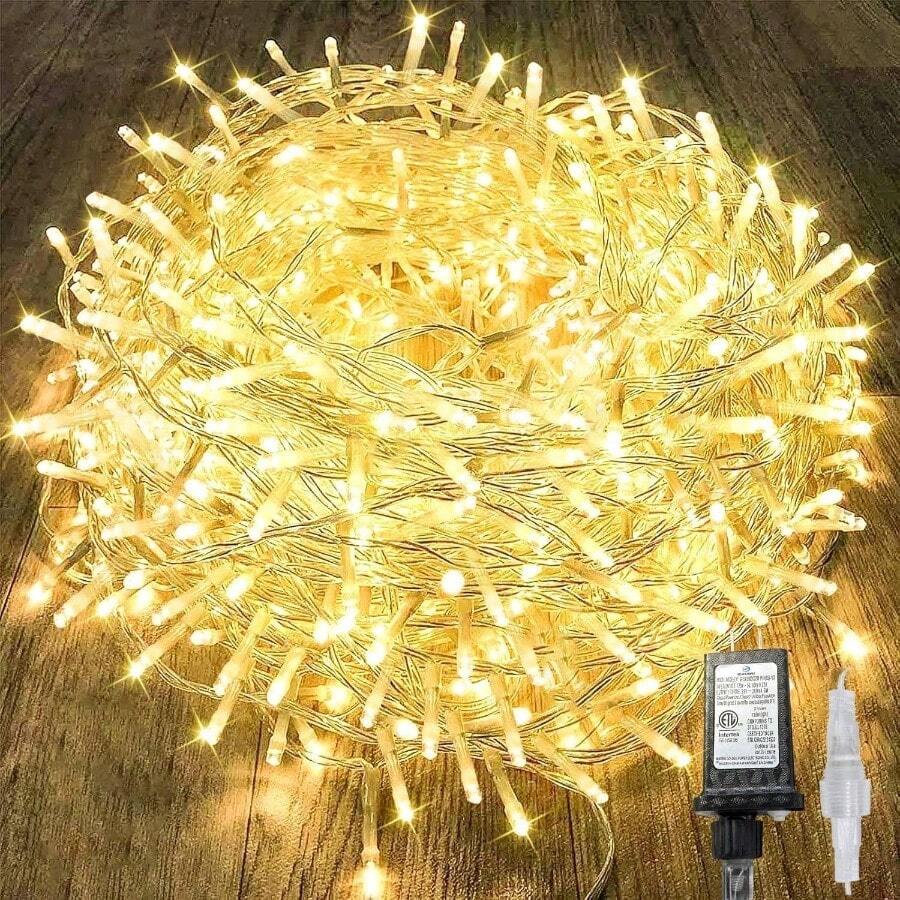 240 LED 88 pies Luces de cadena conectables para interiores y exteriores, luces blancas cálidas con efecto de parpadeo, con temporizador, para dormitorio, aula, boda, árbol, patio y decoración - Luz blanca cálida + 240 LED (paquete de 2) - Ver 1
