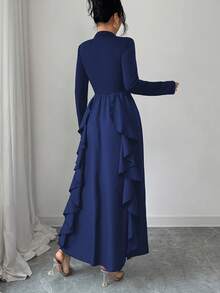 Women's Casual Elegant Modest Ruffle Hem Solid Color Dress, Suitable For Daily, Festivals, Birthday Parties, Valentine's Day And Other Occasions In Autumn Spring - Royal Blue - View 4