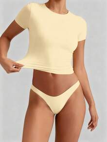 XLLAIS Camiseta básica de mujer de manga corta, cuello redondo, sólida, ajustada, casual de verano en color amarillo - Mostaza Amarilla - Ver 2