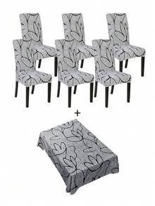 1 Set High Elastic Dining Chair Cover & Waterproof Tablecloth, Abstract Floral Pattern In Dark Grey - Multicolor - View 10