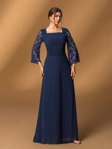 Faeriesty Mosy优雅新娘母亲礼服：方领设计，蕾丝喇叭袖，A字裙摆，适合正式婚礼、盛大晚宴、豪华宴会、慈善舞会和歌剧之夜等场合。新年装扮 - 藏蓝色 - 查看 9