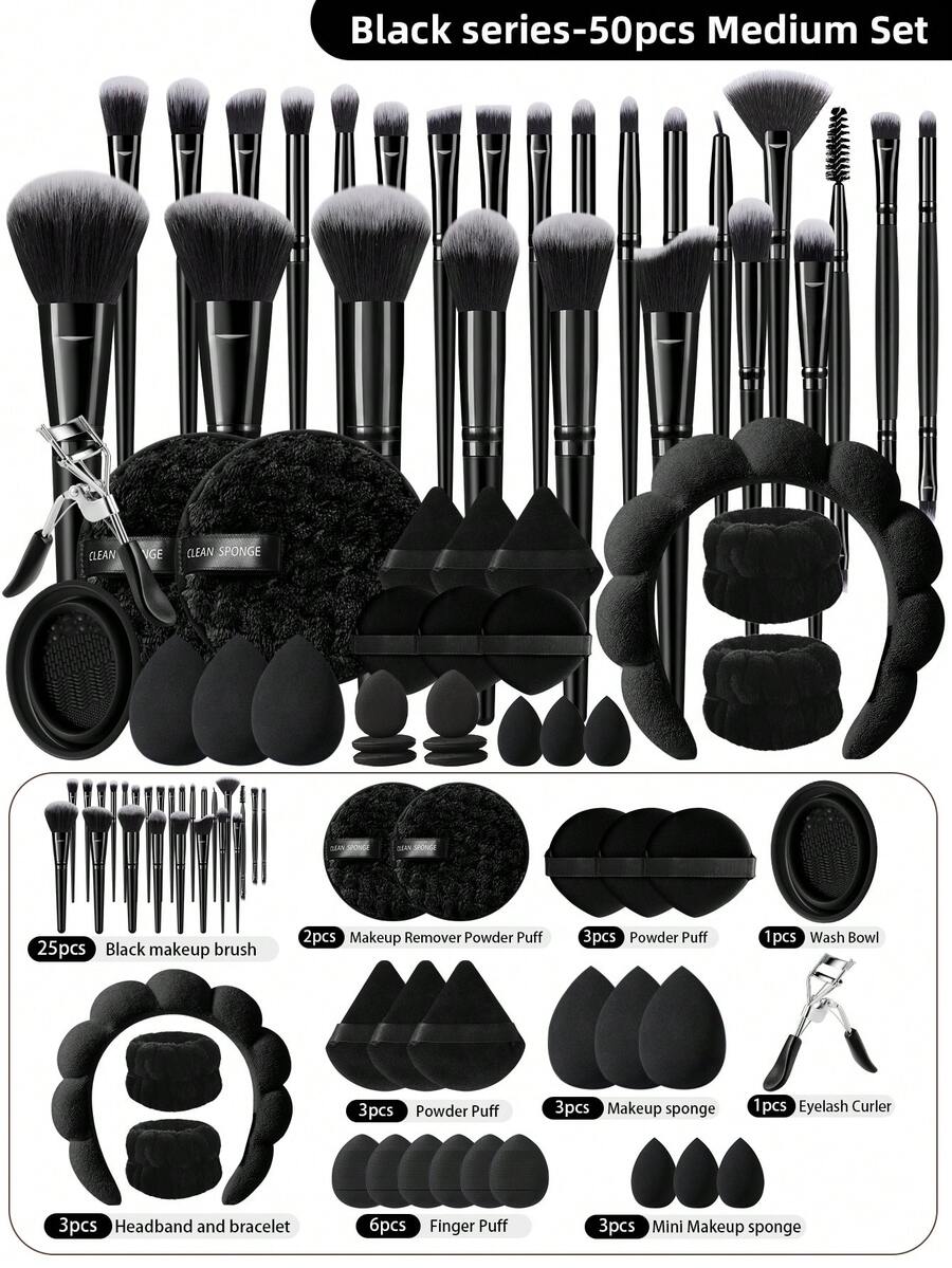 25/50pcs Makeup Brush Set, Includes Eye Shadow Brush, Eyebrow Brush, Foundation Brush, Powder Brush, Blush Brush, Concealer Brush And Highlighter Brush. Made Of Ultra-Soft Synthetic Fibers, Suitable For Daily Facial Makeup. Makeup Brush Set, Makeup Brush Set, Makeup Brush Set, Complete Makeup Tools, Makeup Brush Set, Complete Makeup Tools, Makeup Brush Set, Makeup Brush Set, Makeup Gift Set - Black - View 1