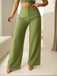 Pantalón de Pinzas Acampanado.  Pierna Amplia.  Talle Ajustado con Pinzas. - Verde Pistache - Ver 2