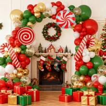 98/114pcs Christmas Balloons Garland Arch Kit, Gold Balloonswith Candy Cane Foil Balloons For Christmas Holiday Candy Theme Birthday Decorations Xmas Supplies