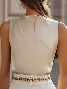 Women's Elegant Shoulder Exposed Ruffle Trim Sleeveless Fitted Formal Blouse, Champagne Color, Suitable For Commuting, Spring/Summer - Champagne - View 6