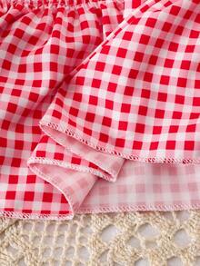 女婴情人节套装 - 草莓格子印花吊带背心 + 可爱红色波点短裤套装 - 紅色 - 查看 9