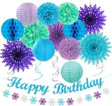 Winter-Wonderland Christmas-Snowflake Frozen Birthday Party-Decorations - 21pcs Happy Banner,Blue Purple Teal Paper Lanterns Honeycomb Streamers,Tissue Pom Poms Flower Fan,Hanging Decor - 藍色 紫色 青色 - 查看 8