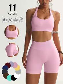 Wrinkle-Free Yoga Set, Women's Sportswear With Impact Force, Gym Shorts And Sports Bra 2-Piece Set, Suitable For Fitness Training High-Waisted Running Short - 粉色 - 查看 1